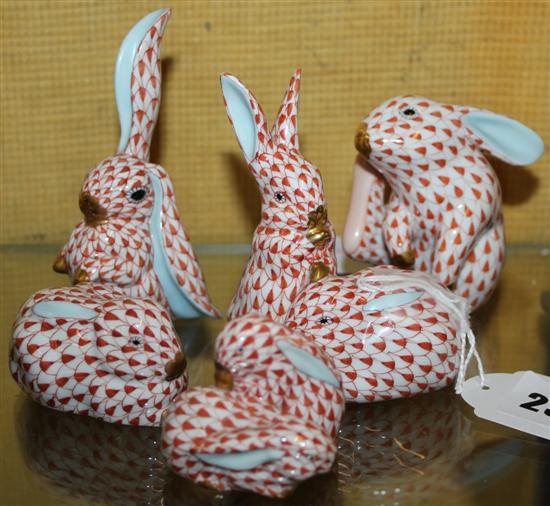 Five Herend models of rabbits, various, all rust & gilt-decorated